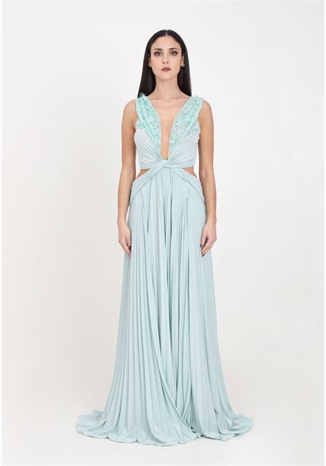 Water green women's red carpet dress in pleated lurex jersey with embroidery ELISABETTA FRANCHI | AB62142E2BV9